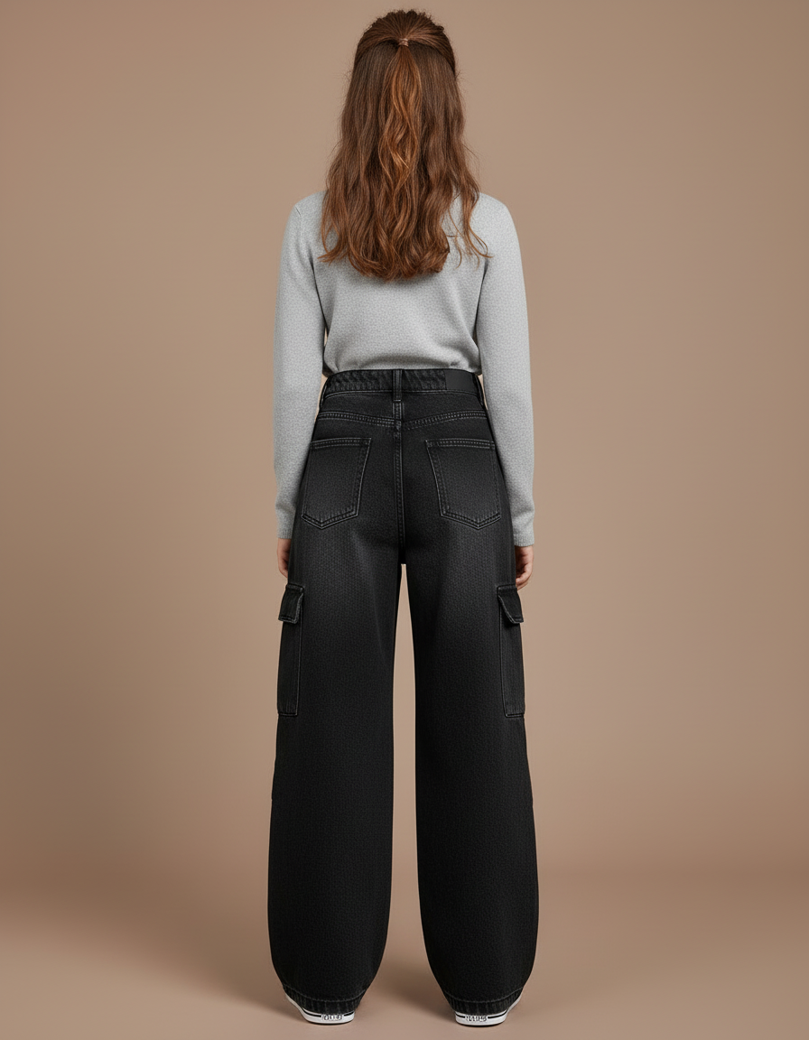 Pantalon Cargo Noir Denim Ample Enfant Multipoches - Jean - vue 2