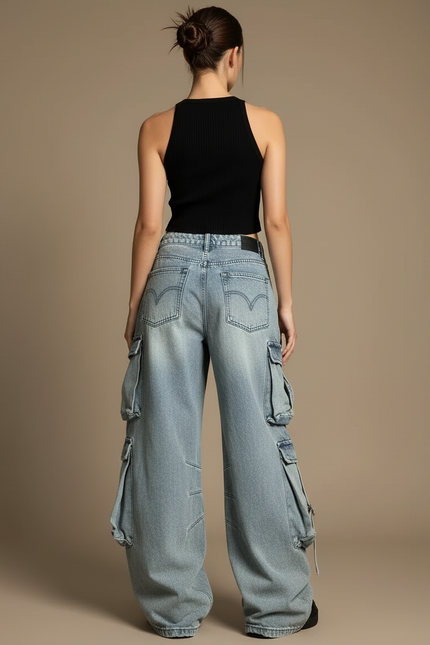 Pantalon Cargo Denim Ample Streetwear Multipoches Femme - Bleu Jean - vue 2