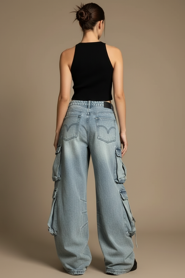 Pantalon Cargo Denim Ample Streetwear Multipoches Femme - Bleu Jean - vue 2