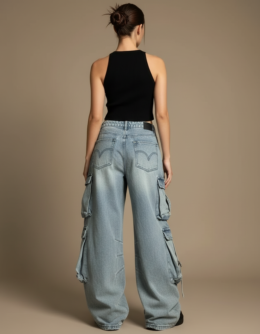 Pantalon Cargo Denim Ample Streetwear Multipoches Femme - Bleu Jean - vue 2
