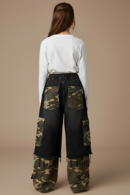 Pantalon Cargo Noir Camouflage Ample Délavé Fille - Multicolore Jean - vue 2