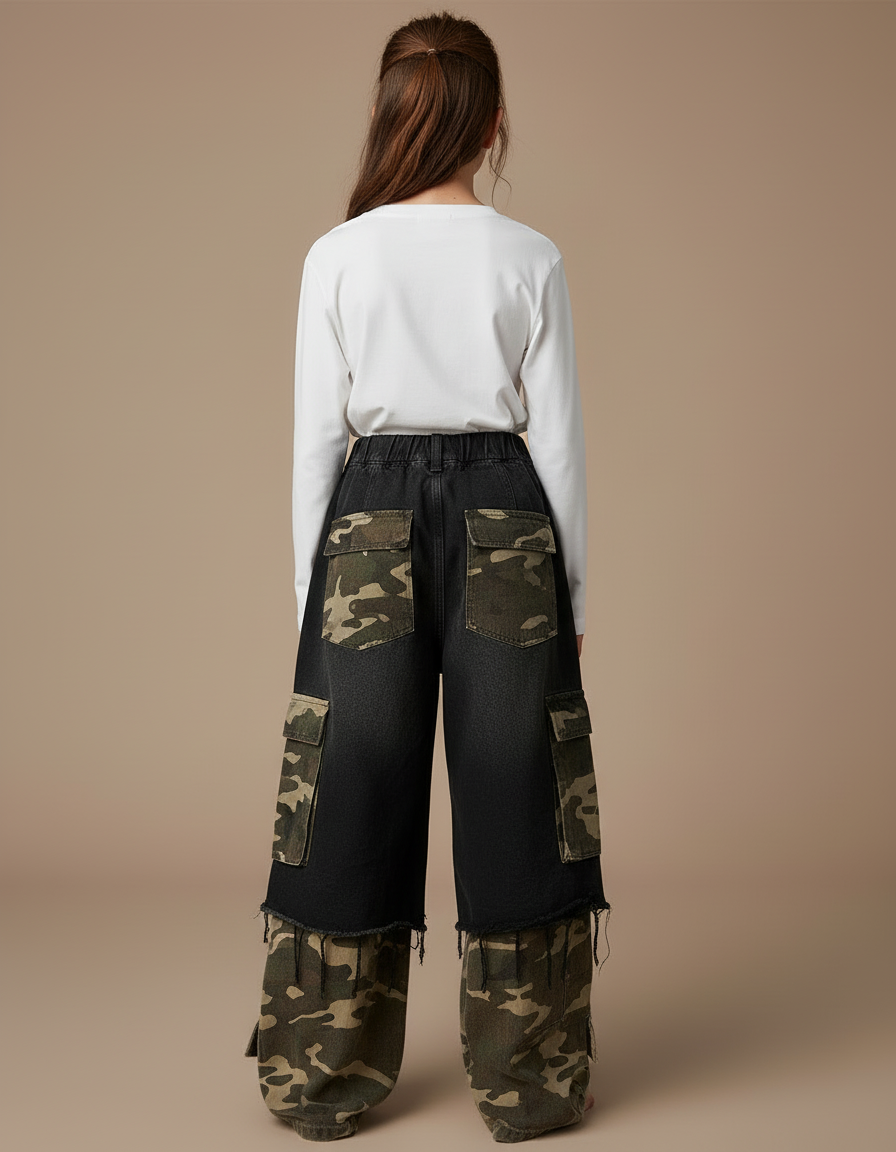 Pantalon Cargo Noir Camouflage Ample Délavé Fille - Multicolore Jean - vue 2