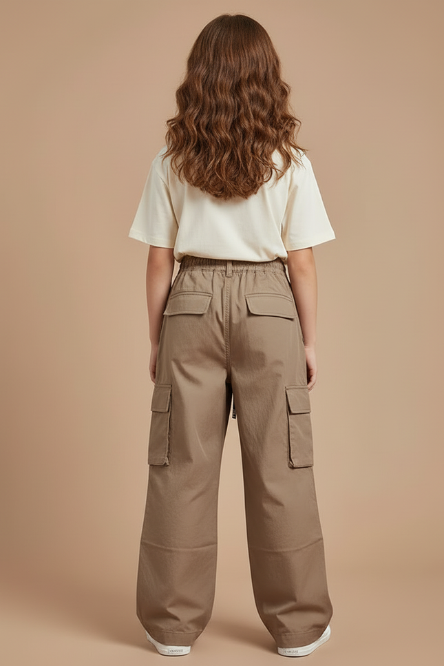 Pantalon Cargo Marron Ample Poches Cordon Enfant - Kaki Toile - vue 2