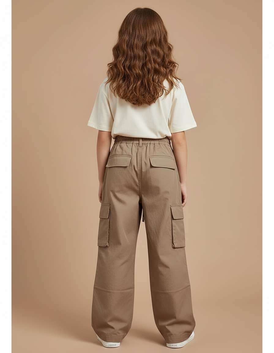 Pantalon Cargo Marron Ample Poches Cordon Enfant - Kaki Toile - vue 2
