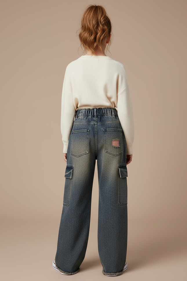 Pantalon Cargo Jeans Ample Délavé Fille Déchiré - Bleu - vue 2