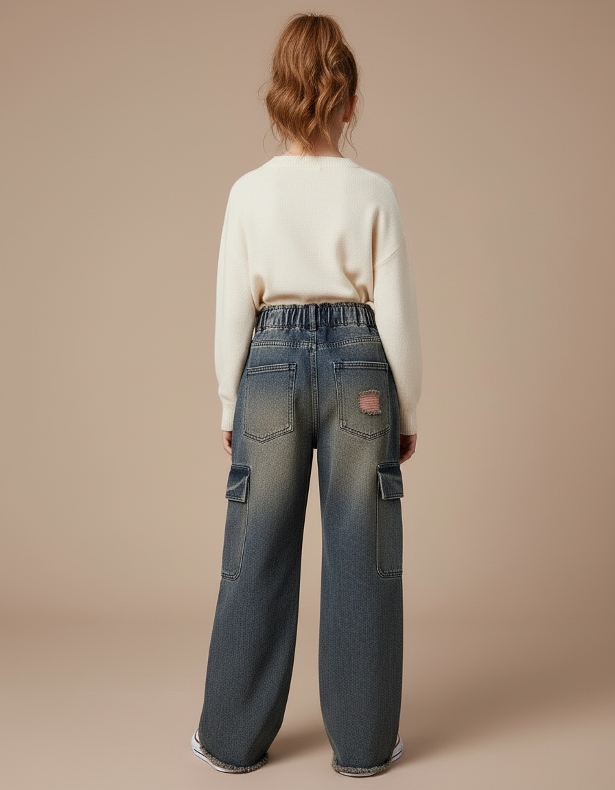 Pantalon Cargo Jeans Ample Délavé Fille Déchiré - Bleu - vue 2
