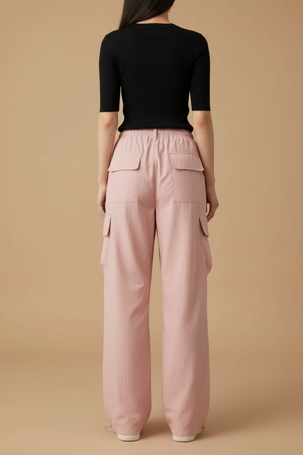 Pantalon Cargo Rose Ample Taille Haute Décontracté Femme - Polyester - vue 2