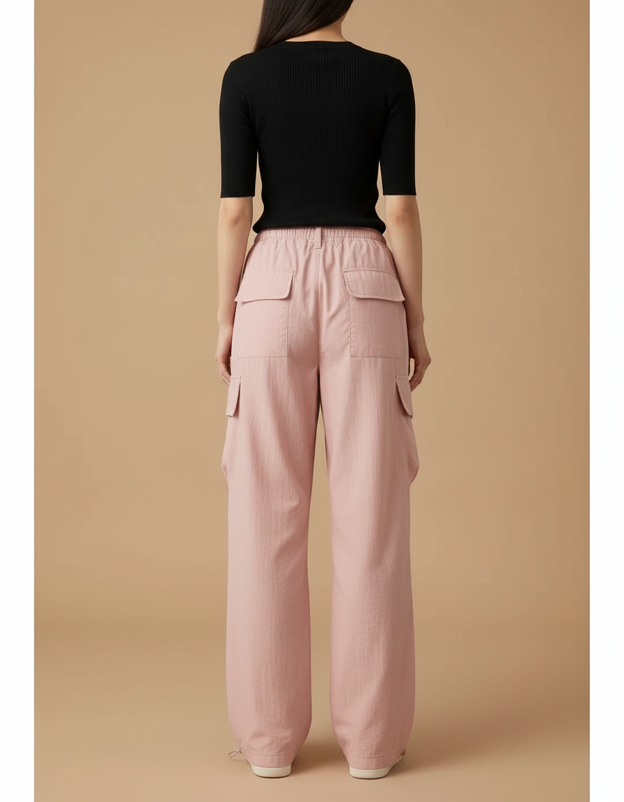 Pantalon Cargo Rose Ample Taille Haute Décontracté Femme - Polyester - vue 2