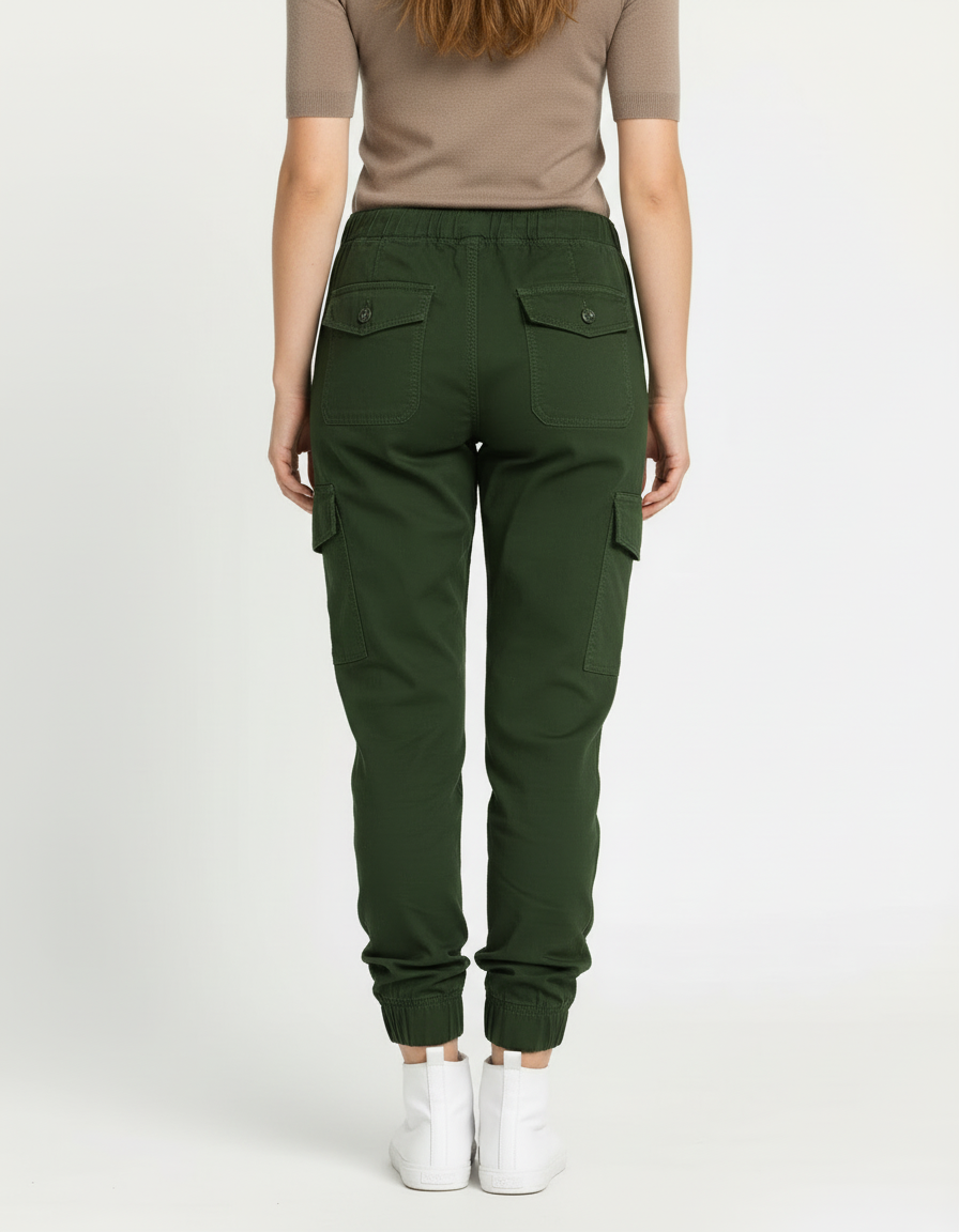 Pantalon Cargo Vert Kaki Femme Cordon Élastique - Gabardine - vue 2