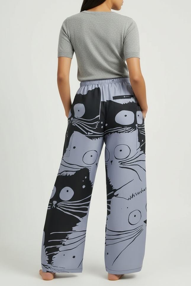 Pantalon Cargo Ample Imprimé Chats Gris Noir - Polyester - vue 2