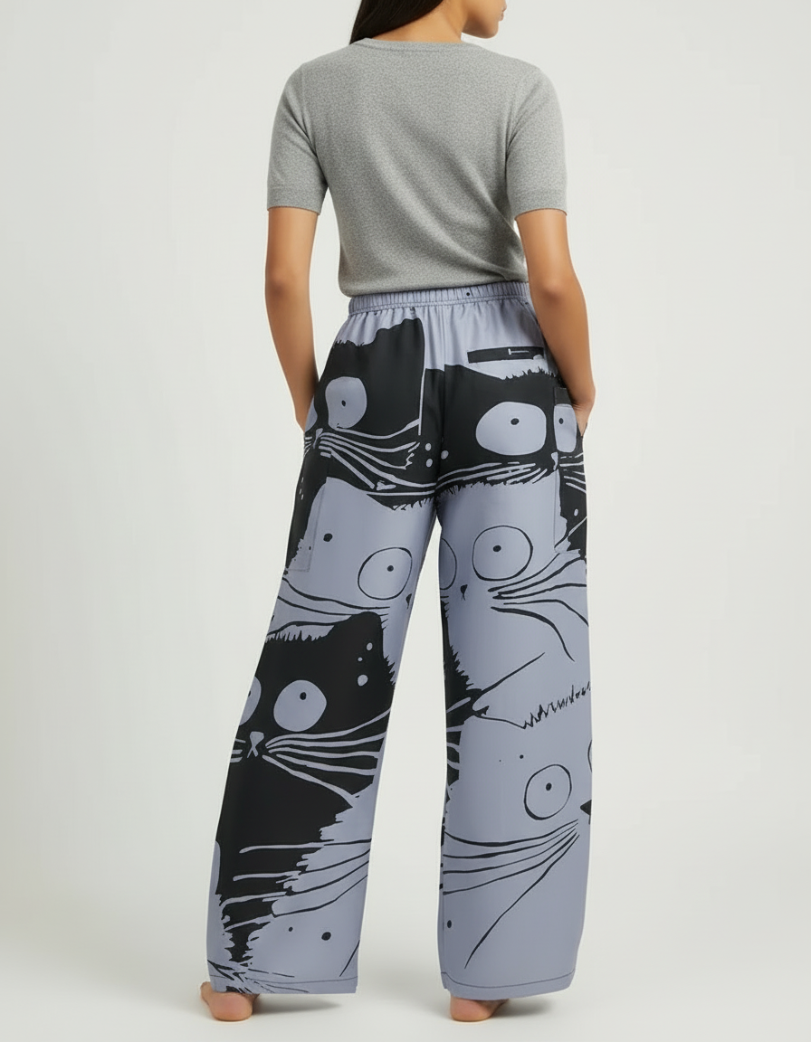 Pantalon Cargo Ample Imprimé Chats Gris Noir - Polyester - vue 2
