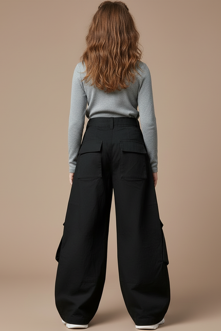 Pantalon Cargo Noir Ample Multipoches Zippées Fille - Toile - vue 2
