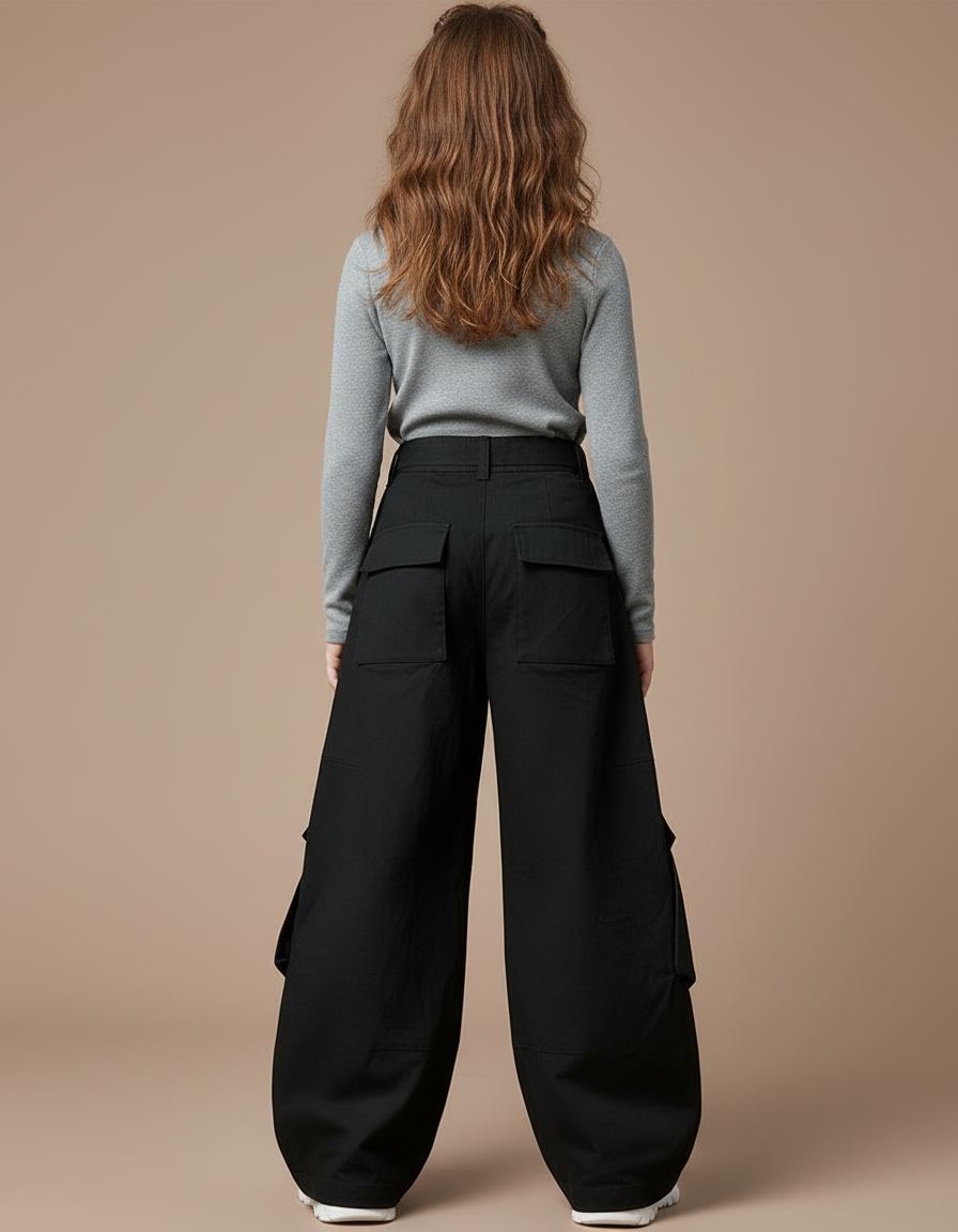 Pantalon Cargo Noir Ample Multipoches Zippées Fille - Toile - vue 2
