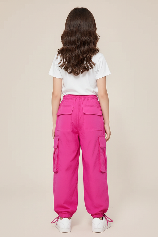 Pantalon Cargo Rose Fuchsia Ample Poches Fille - Polyester - vue 2