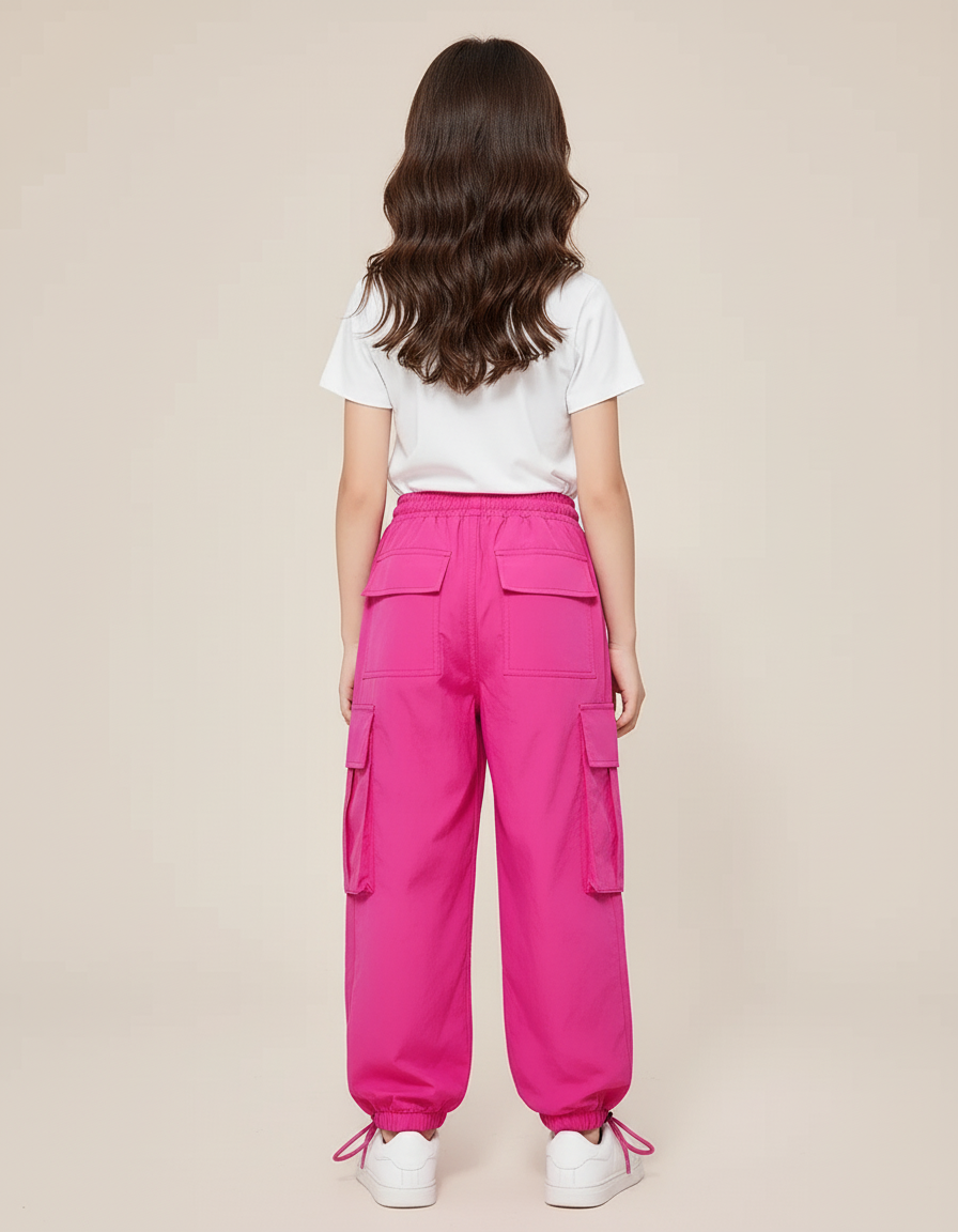 Pantalon Cargo Rose Fuchsia Ample Poches Fille - Polyester - vue 2