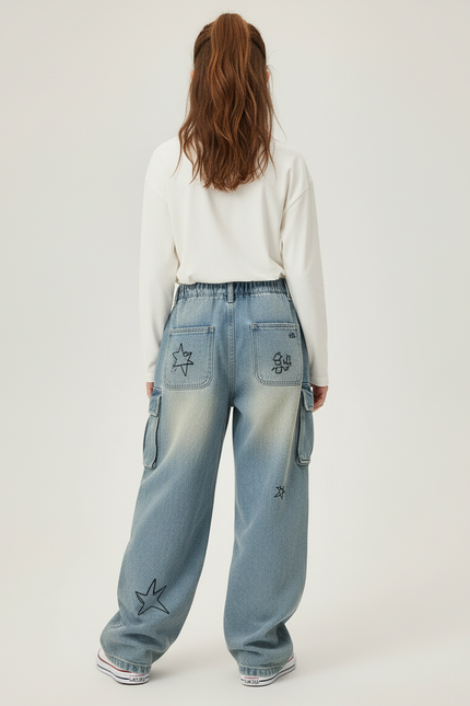 Pantalon Cargo Jean Ample Graffiti Fille Délavé - Bleu - vue 2