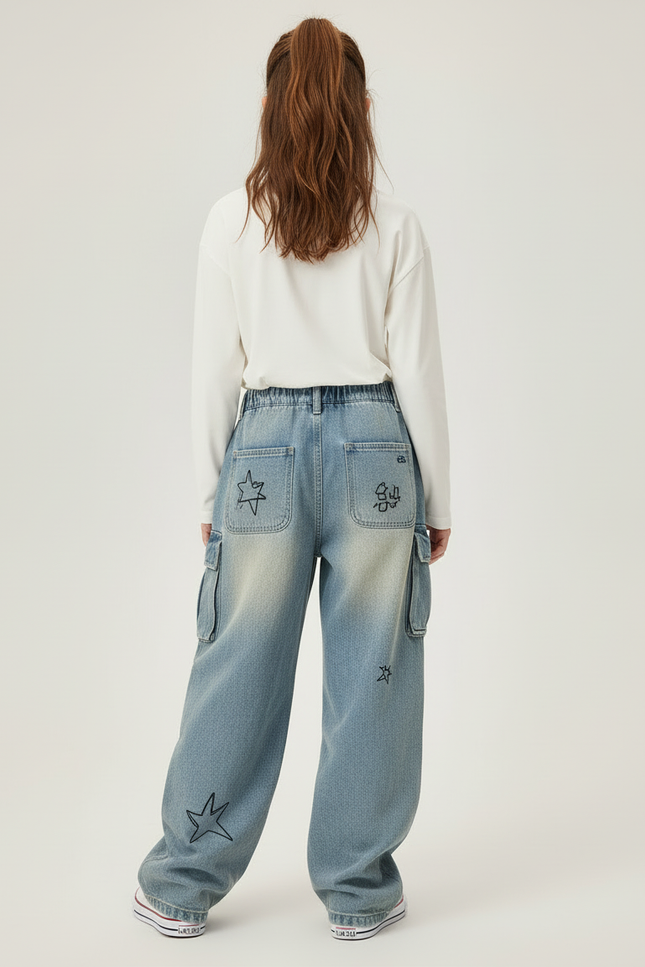 Pantalon Cargo Jean Ample Graffiti Fille Délavé - Bleu - vue 2