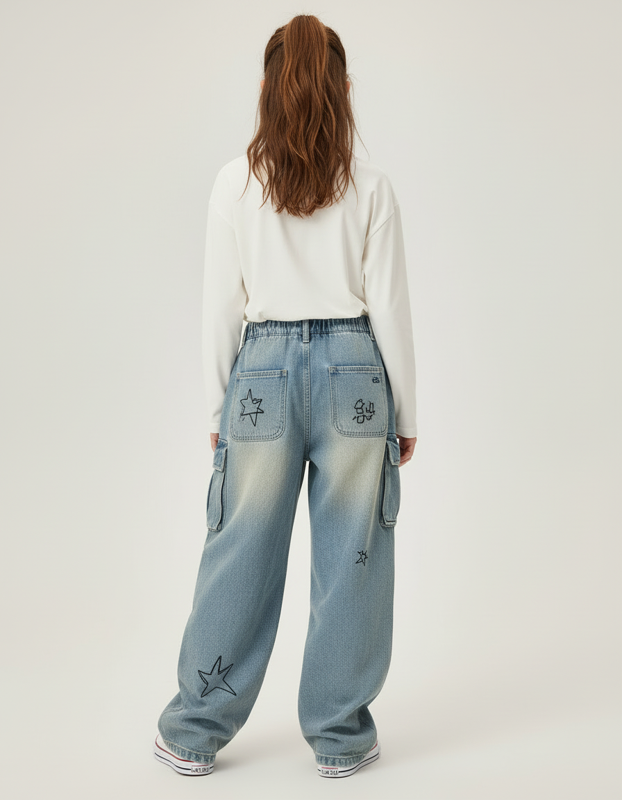 Pantalon Cargo Jean Ample Graffiti Fille Délavé - Bleu - vue 2