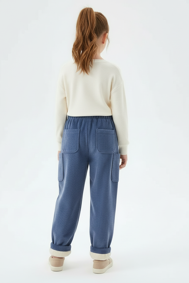 Pantalon Cargo Bleu Côtelé Ample Enfant Brodé Polaire - Cordé - vue 2