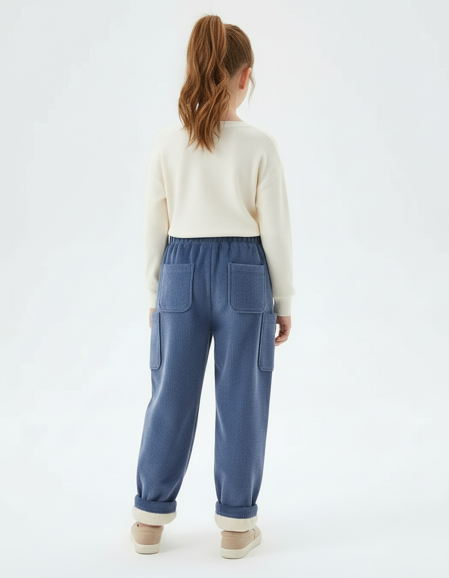 Pantalon Cargo Bleu Côtelé Ample Enfant Brodé Polaire - Cordé - vue 2