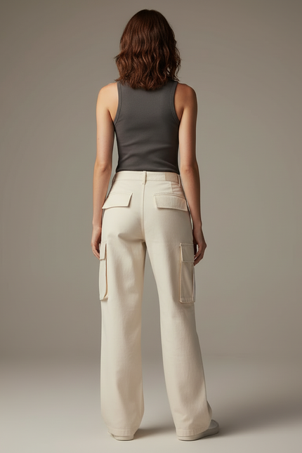 Pantalon Cargo Écru Ample Multipoches Décontracté - Beige Toile - vue 2