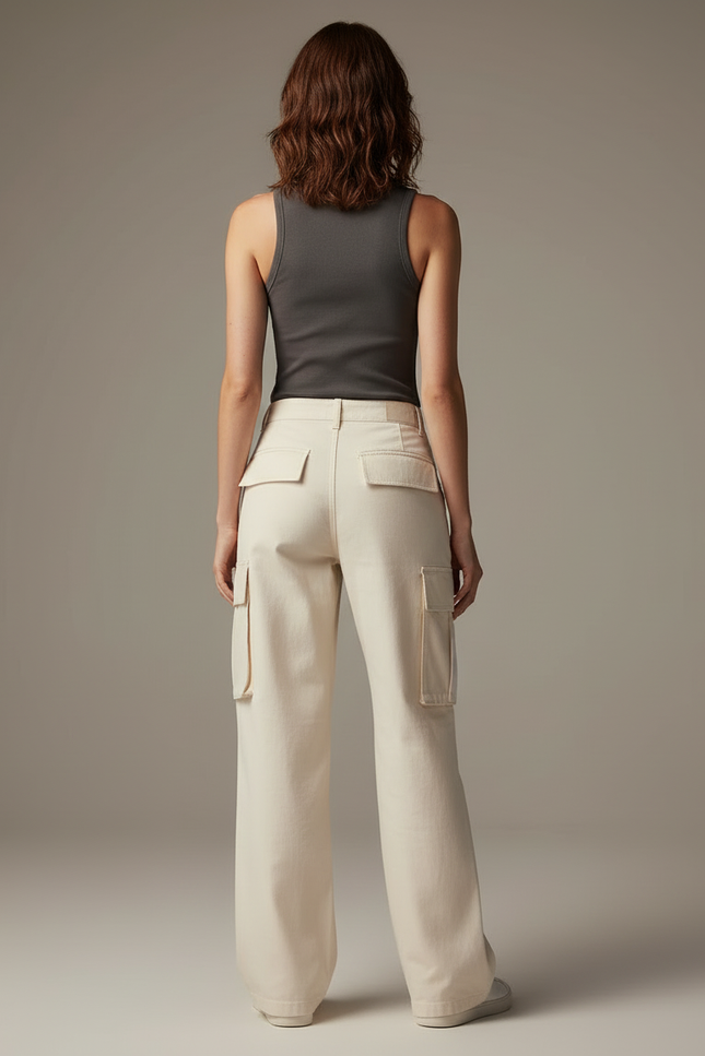Pantalon Cargo Écru Ample Multipoches Décontracté - Beige Toile - vue 2