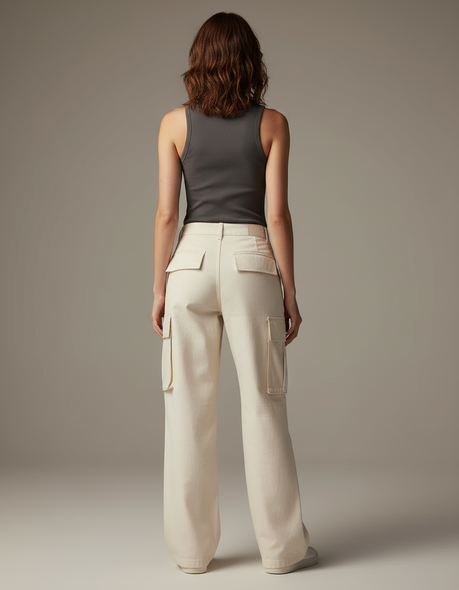 Pantalon Cargo Écru Ample Multipoches Décontracté - Beige Toile - vue 2