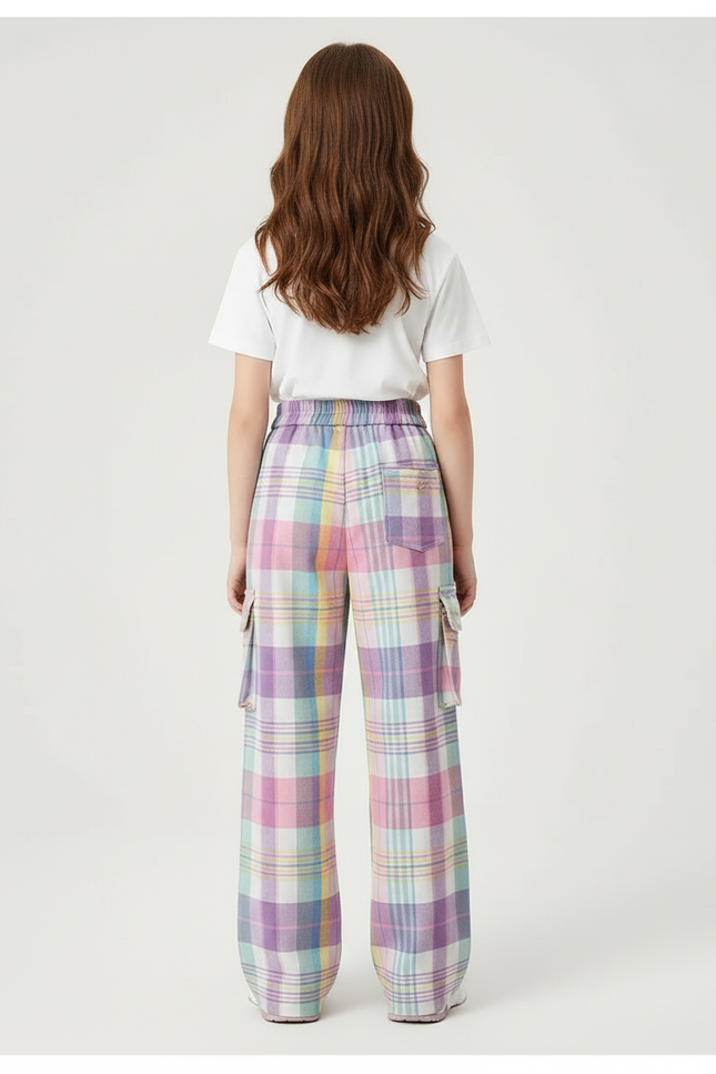 Pantalon Cargo Plaid Pastel Ample Fille Décontracté - Multicolore Laine - vue 2
