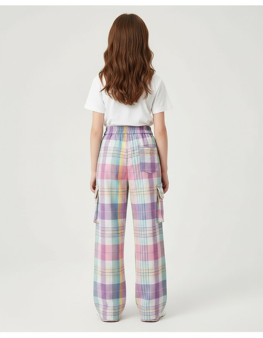 Pantalon Cargo Plaid Pastel Ample Fille Décontracté - Multicolore Laine - vue 2