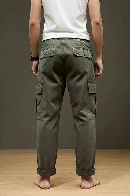 Pantalon Cargo Ample Décontracté Vert Coton Multipoches - Kaki Toile - vue 2
