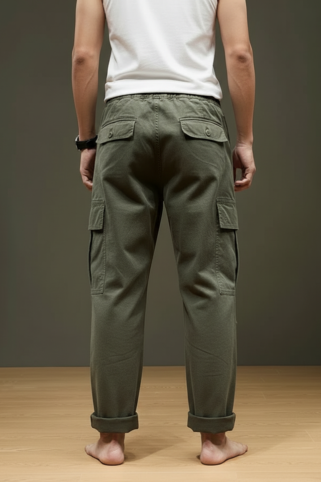 Pantalon Cargo Ample Décontracté Vert Coton Multipoches - Kaki Toile - vue 2