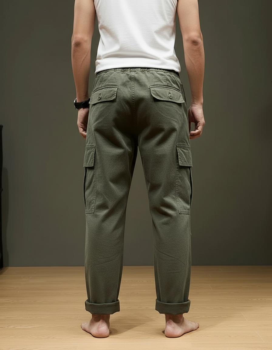 Pantalon Cargo Ample Décontracté Vert Coton Multipoches - Kaki Toile - vue 2