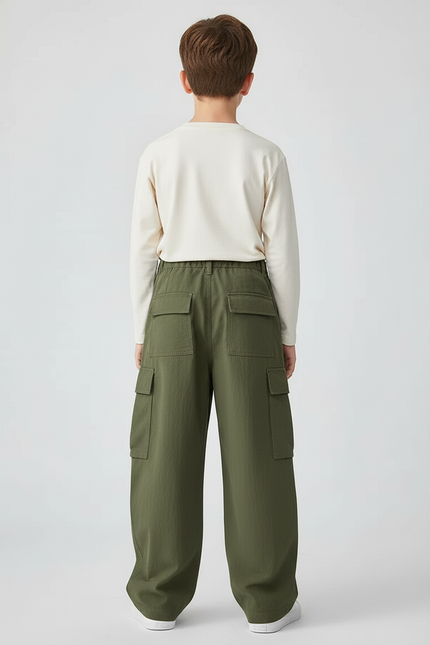 Pantalon Cargo Vert Olive Ample Coton Enfant - Kaki Toile - vue 2