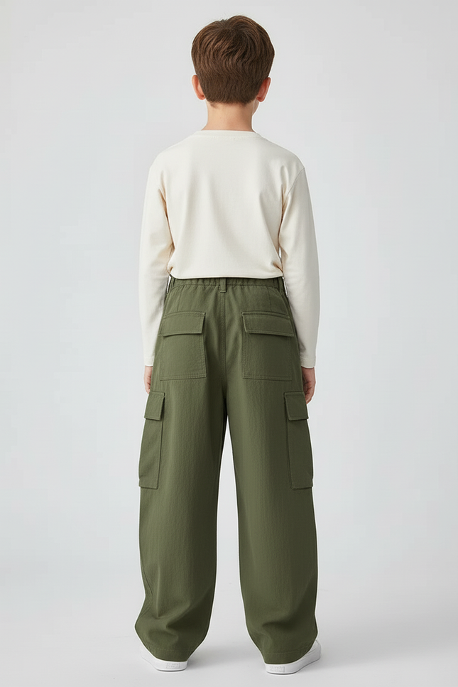 Pantalon Cargo Vert Olive Ample Coton Enfant - Kaki Toile - vue 2