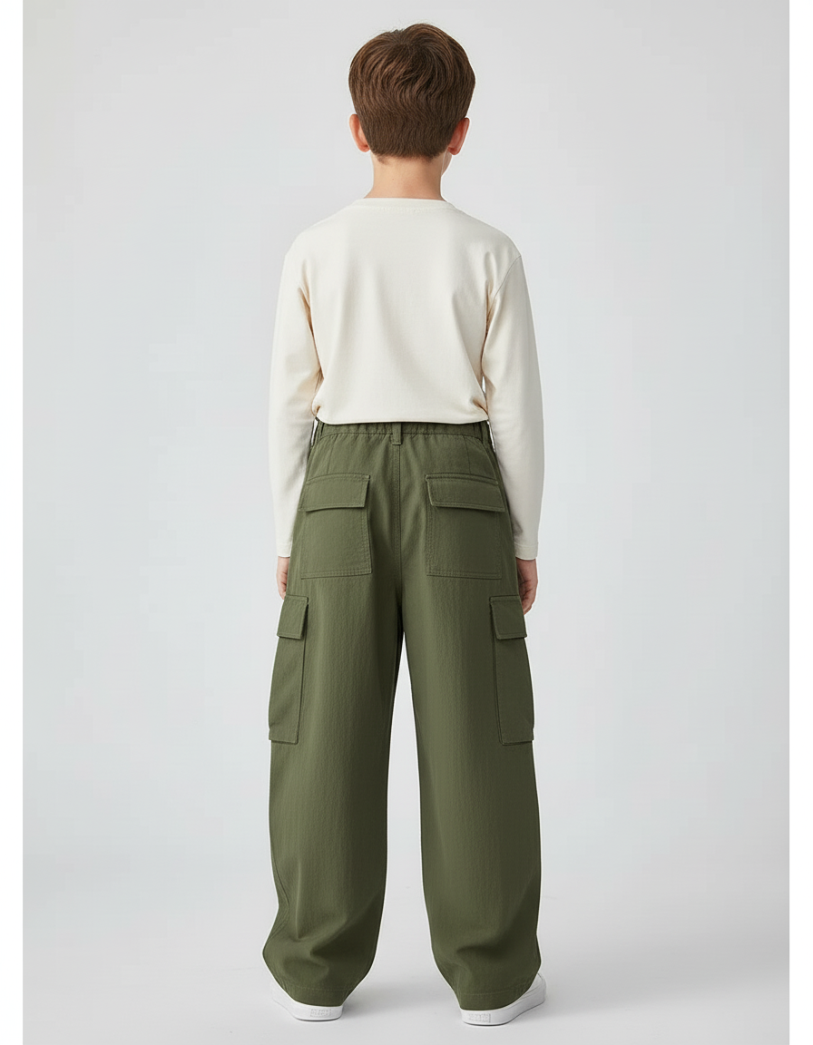 Pantalon Cargo Vert Olive Ample Coton Enfant - Kaki Toile - vue 2
