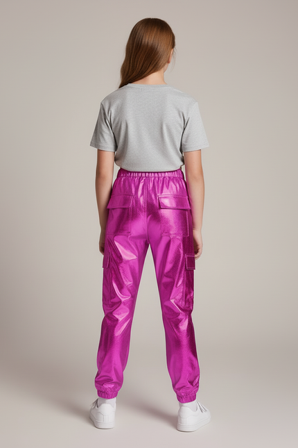 Pantalon Cargo Métallisé Fuchsia Brillant Fille - Rose Polyester - vue 2