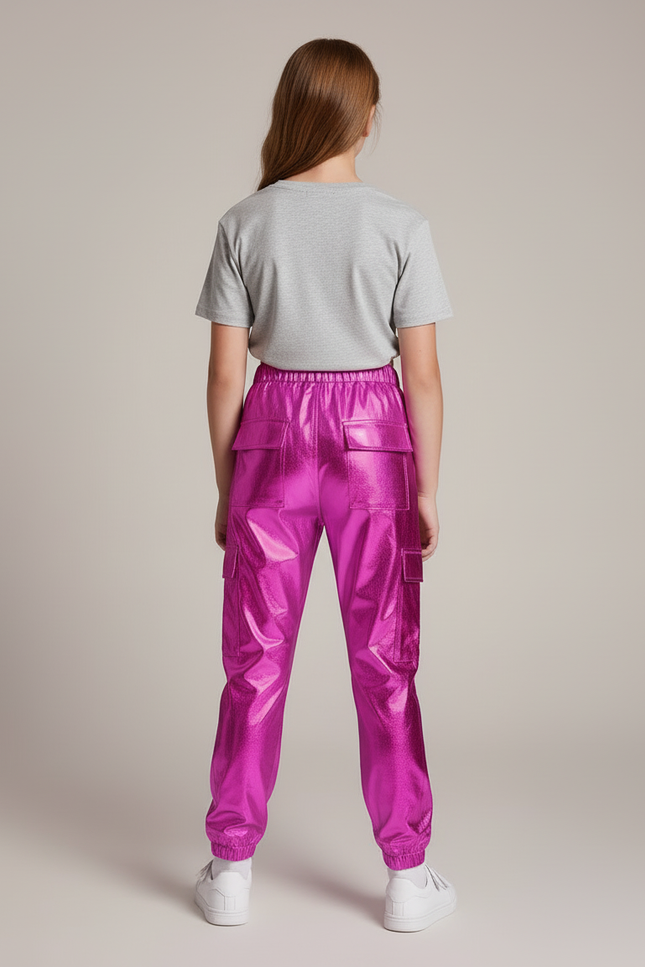 Pantalon Cargo Métallisé Fuchsia Brillant Fille - Rose Polyester - vue 2
