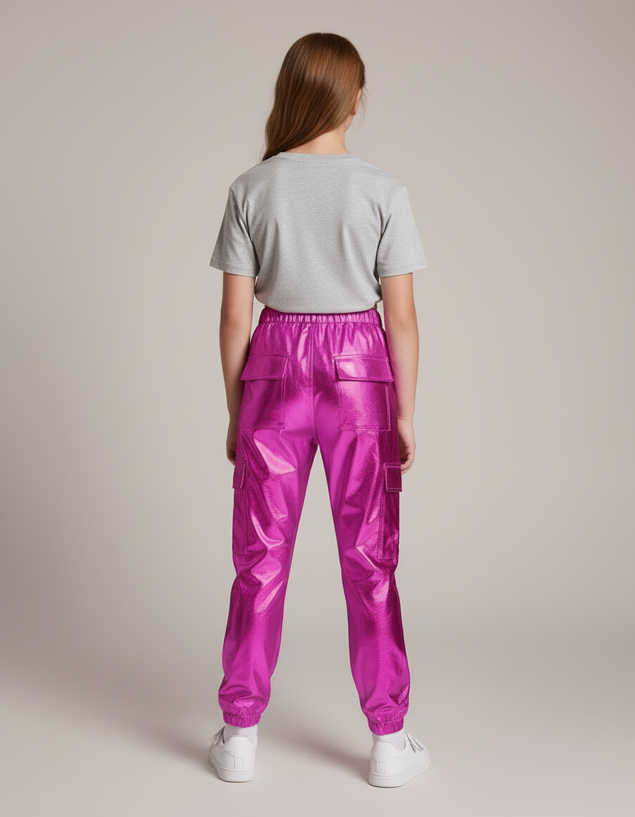 Pantalon Cargo Métallisé Fuchsia Brillant Fille - Rose Polyester - vue 2