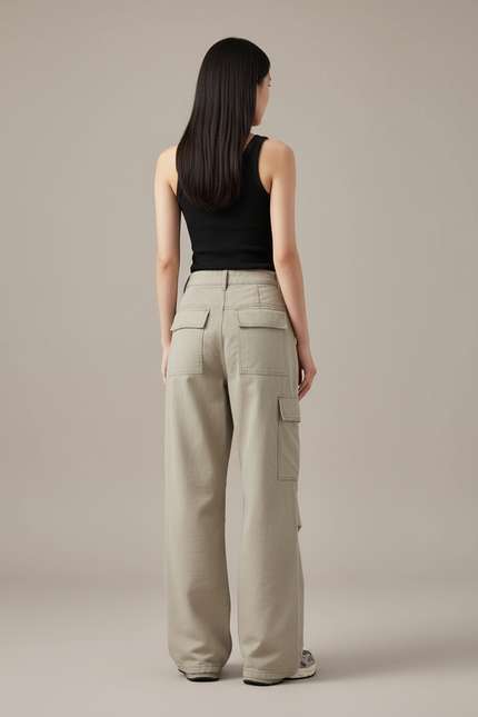 Pantalon Cargo Ample Beige Décontracté Multipoches Femme - Toile - vue 2