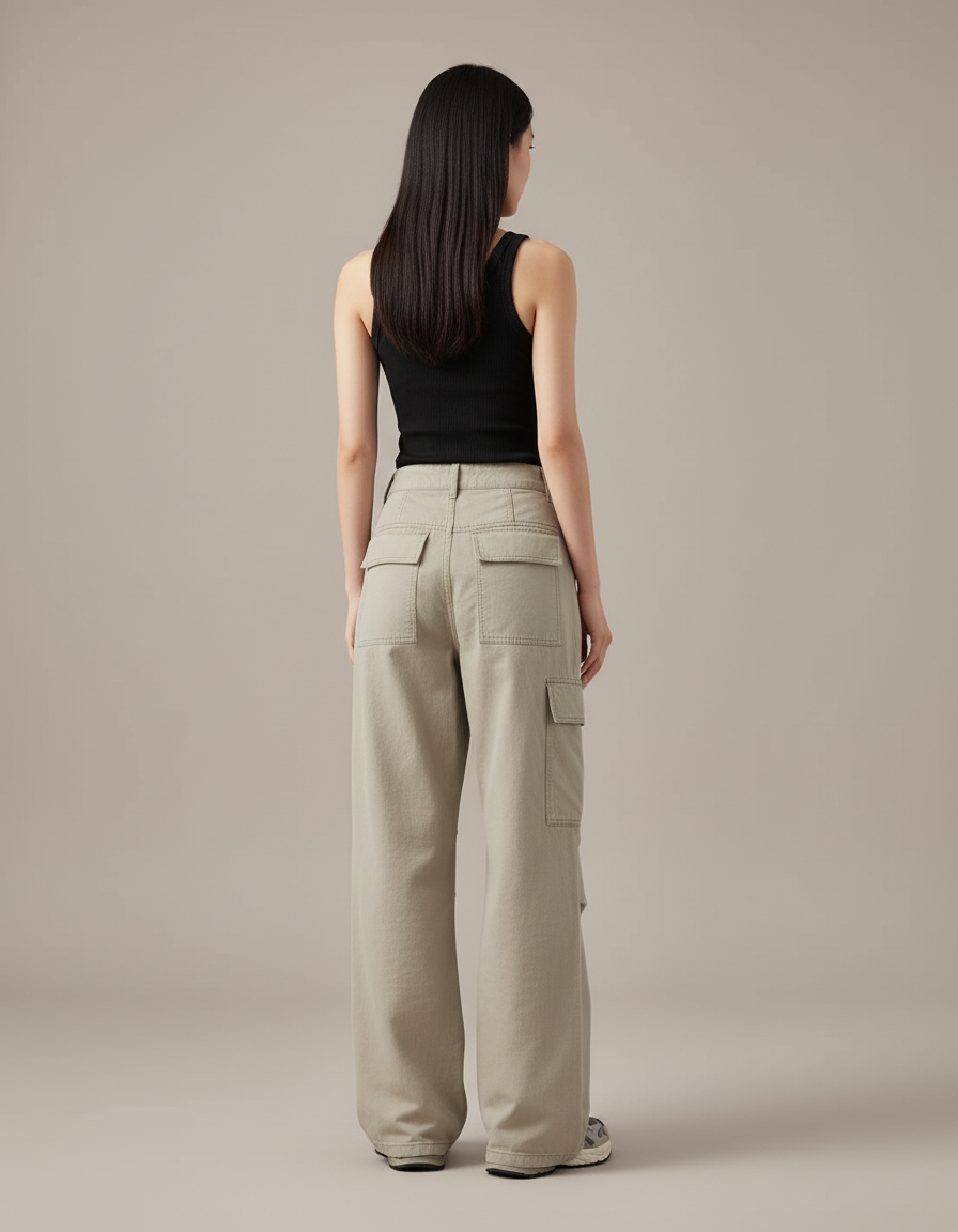 Pantalon Cargo Ample Beige Décontracté Multipoches Femme - Toile - vue 2