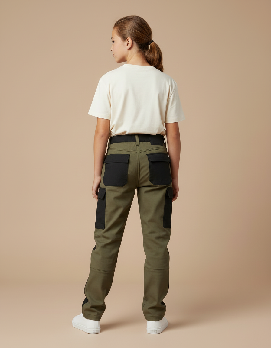 Pantalon Cargo Bicolore Vert Militaire Noir Enfant - Kaki Gabardine - vue 2