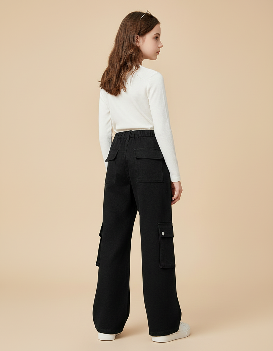 Pantalon Cargo Noir Ample Multipoches Enfant Fille - Toile - vue 2