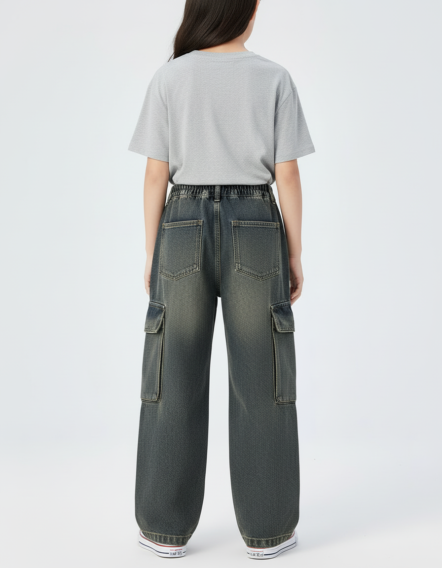 Pantalon Cargo Denim Ample Gris Décontracté Enfant - Jean - vue 2