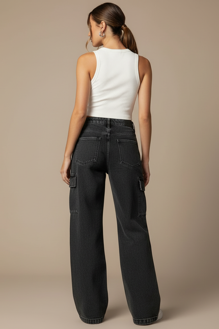 Pantalon Cargo Jean Large Délavé Multipoches Femme - Noir - vue 2