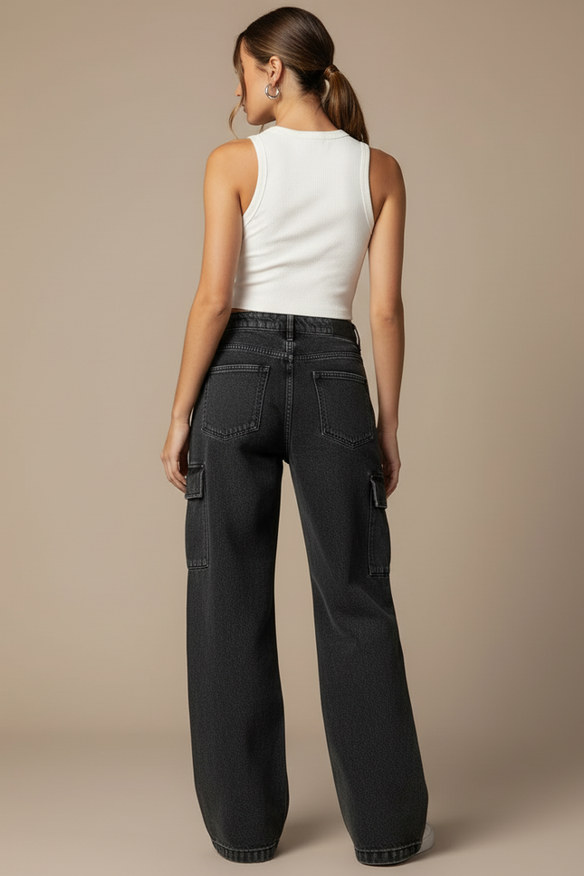 Pantalon Cargo Jean Large Délavé Multipoches Femme - Noir - vue 2