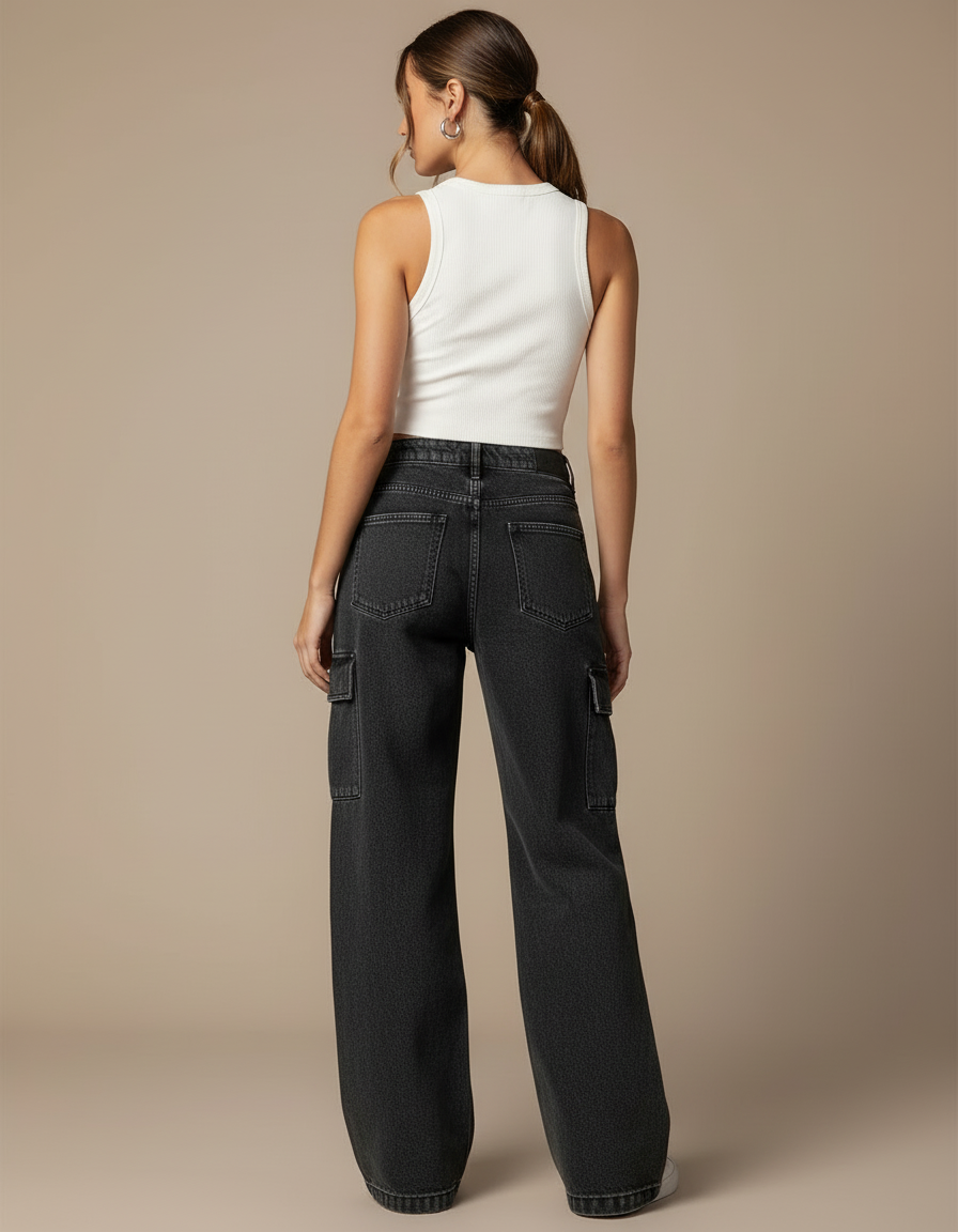 Pantalon Cargo Jean Large Délavé Multipoches Femme - Noir - vue 2