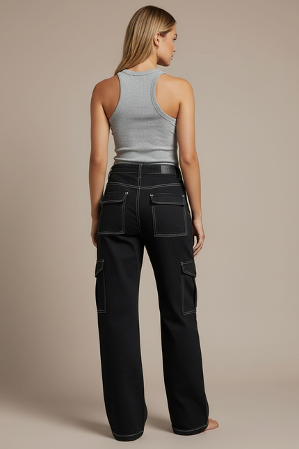 Pantalon Cargo Noir Ample Surpiqûres Blanches - Jean - vue 2