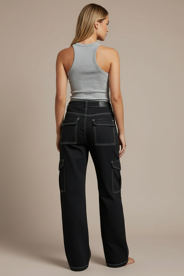 Pantalon Cargo Noir Ample Surpiqûres Blanches - Jean - vue 2