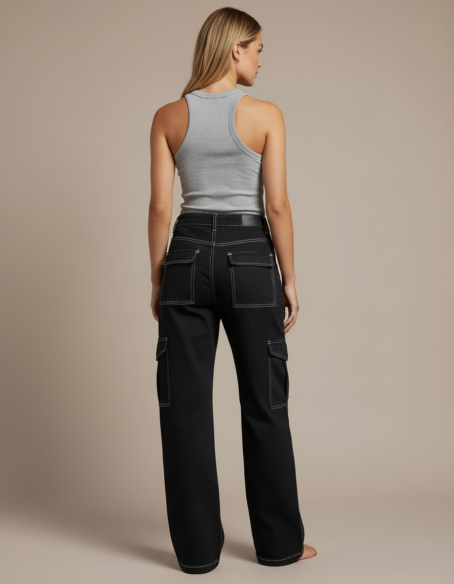 Pantalon Cargo Noir Ample Surpiqûres Blanches - Jean - vue 2