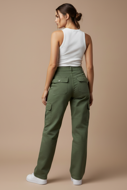 Pantalon Cargo Vert Kaki Droit Ample Multipoches Femme - Toile - vue 2